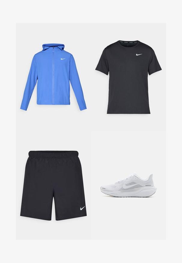 Veste de sport bleue avec capuche, fabriquée en tissu léger. Présente un logo Nike blanc sur la poitrine gauche et une fermeture éclair sur le devant.; T-shirt de course noir Nike en matériau léger et respirant, avec des manches courtes et un petit logo blanc sur la poitrine.; Shorts de sport noirs en matériau léger avec une taille élastique. Présente un petit logo Nike blanc sur le bas du côté gauche.; Chaussure de sport blanche avec une tige en maille, des superpositions texturées lisses, des accents gris, des lacets et une semelle rembourrée conçue pour la performance.