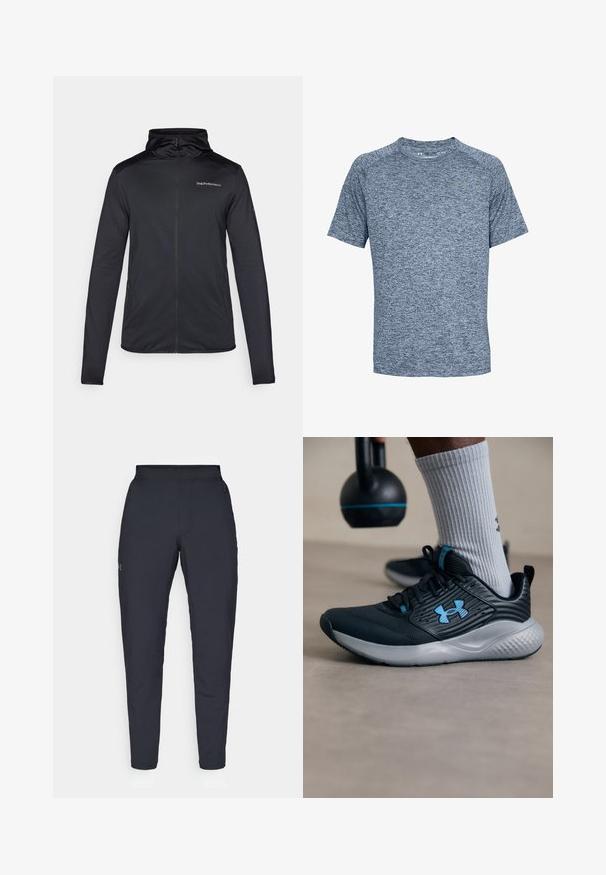 Giacca nera con zip e cappuccio, realizzata in un materiale liscio e leggero. Presenta un logo sulla parte superiore sinistra del petto e maniche lunghe.; Maglietta atletica a maniche corte in blu heather scuro, realizzata in tessuto traspirante, con scollatura rotonda e un sottile logo sul petto.; Pantaloni sportivi neri con una texture liscia, vestibilità slim, vita elastica e tasche laterali. Presentano un piccolo logo sulla coscia sinistra.; Scarpone sportivo nero con accenti blu, tomaia testurizzata e suola grigia. Indossato con calzini grigi a costine, accanto a un kettlebell nero.