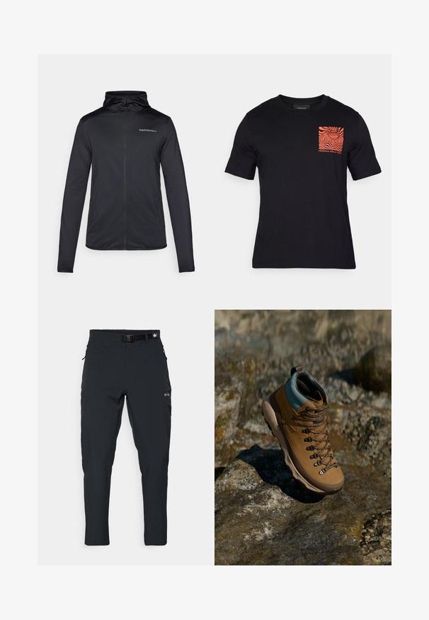 Mustaa vetoketjullista takkia hupulla, joka on valmistettu sileästä ja kevyestä materiaalista. Siinä on logo vasemmalla ylhäällä rintakehässä ja pitkät hihat.; Mustapaita lyhythihaisilla hihoilla, jossa on rintataskugrafiikka oranssilla värillä ja abstrakteilla aalto kuvioilla sekä "FREERIDE WORLD TOUR" -teksti.; Columbia ESSENTIAL HIKE™ PANT - Ulkohousut - black; Ruskeat vaelluskengät, joissa on synteettinen päällinen, vaaleansininen kaulus, metalliset nyörilenkit ja puhdas kumipohja. Suunniteltu ulkoilmaaktiviteetteihin.