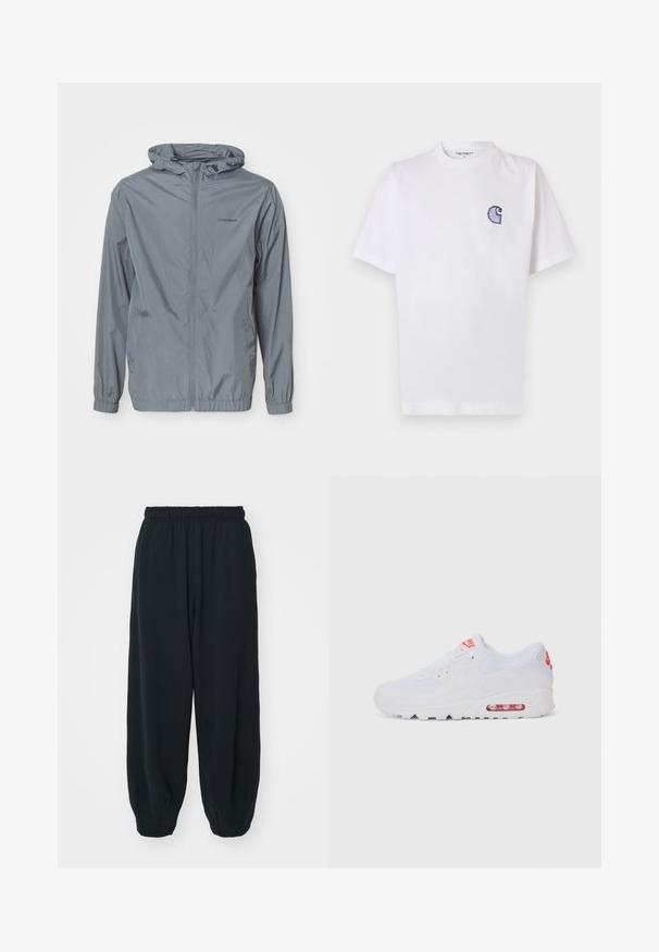 Lightweight, gray windbreaker jacket with a hood, elastic cuffs, and side pockets. Made from smooth, water-resistant material.; White cotton t-shirt with short sleeves, round neckline, and a small, embroidered blue "C" logo on the left chest area.; Black, elasticated-waist sweatpants with a loose fit, cuffed ankles, smooth texture, and no visible patterns or hardware accents.; White athletic sneaker featuring a smooth upper, lace closure, cushioned sole, and a visible air unit with red accents on the branding.