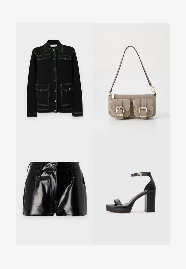 Chaqueta negra de punto con costuras blancas a contraste, cierre de botones a presión, dos bolsillos en el pecho y diseño de cuello clásico.; Camisa blanca de manga larga hecha de algodón, con un cuello clásico, cierre de botones y un bolsillo en el pecho del lado izquierdo.; Shorts negros y brillantes de material sintético. Presentan una cintura ajustada, trabillas para el cinturón y bolsillos frontales con detalles de costura prominentes.; Sandalias de plataforma negras con un grueso tacón cuadrado, material de cuero suave, diseño de puntera abierta y una correa para el tobillo con un acento de hebilla dorada.; Bolso de mano texturizado en color beige con correa ajustable, dos bolsillos frontales asegurados por hebillas y acentos en dorado. Cierre con cremallera en la parte superior.