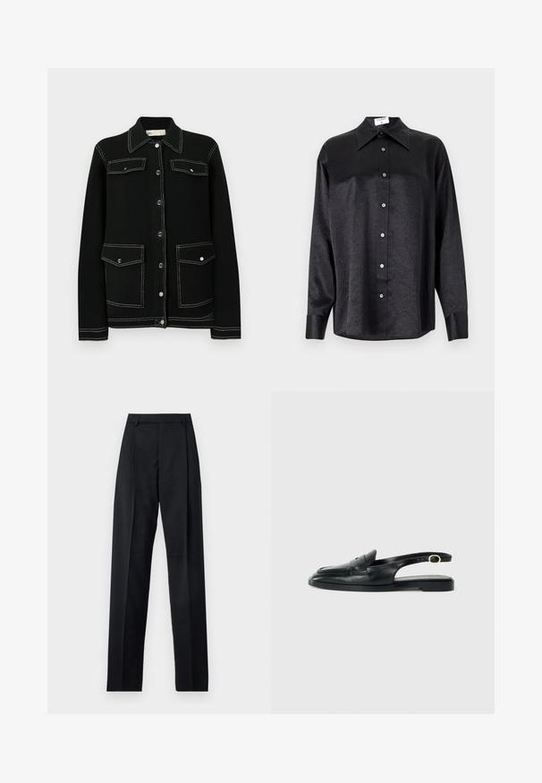 Juoda megzta striukė su kontrastingais baltais siūlais, spaudžiamais mygtukais uždarymui, dviem krūtinės kišenėmis ir klasikiniu apykaklės dizainu.; Juodas ilgarankovis marškinis su apykakle, turintis plėšyta tekstūra, visiško mygtukų uždarymo priekyje ir rankogaliais. Pagamintas iš lygaus audinio.; Juodos kelnės iš lygaus audinio, pasižyminčios aukštu liemeniu, plačiomis kojomis, priekinėmis klostėmis ir klasikiais diržo kilpomis. Šoninių kišenių nematyti.; Juodas odinis slingback tipo batas su apvalia nosimi, plokščiu padu, šoniniu išpjovimu ir dirželiu su auksinės spalvos detalėmis.
