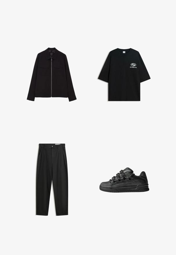 Black jacket with a zip closure, two front patch pockets, a collared neck, and long sleeves. Made from a smooth fabric. Minimalist design.; Black oversized cotton t-shirt featuring a round neckline and short sleeves, with a white "Shibuya" logo printed on the front.; Black cotton trousers with a relaxed fit, featuring a classic waistband, front pleats, and side pockets. Smooth texture without patterns.; Black sneakers with a smooth leather upper, textured accents, and round black and white laces. Thick rubber sole with a patterned tread.