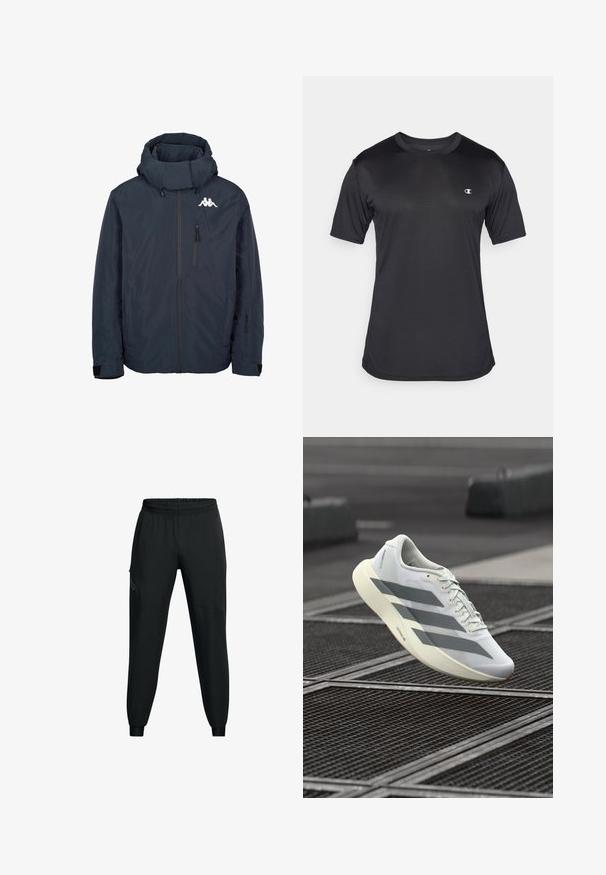 Marineblauwe waterdichte jas met een hoge kraag, ritszakken, verstelbare manchetten en een wit logo op de borst; gladde textuurstof.; Zwart sportshirt met korte mouwen, vervaardigd uit een gestructureerde, ademende stof; voorzien van een ronde halslijn en een logo op de linkerborst.; Zwarte sportbroek met een elastische tailleband, taps toelopend ontwerp, zijzakken en contrasterende paneeldetails. Lichtgewicht, gladde stof.; Witte sportieve schoen met een bovenwerk van gestructureerd mesh, voorzien van grijze strepen en een dempende zool. Lichtgewicht ontwerp, geschikt om mee te hardlopen.