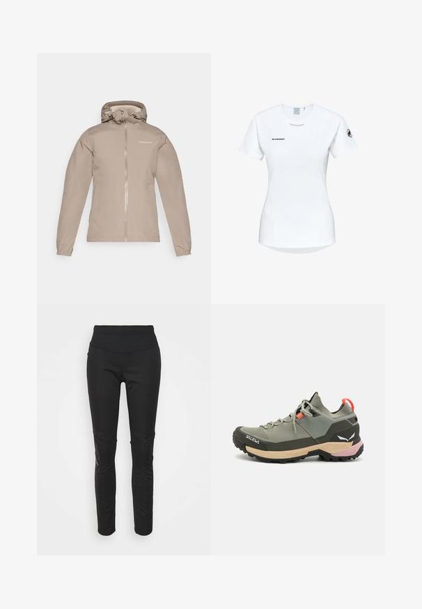Beige wasserdichte Jacke mit einem Reißverschluss vorne, verstellbarer Kapuze, elastischen Bündchen und dem Markenlogo auf der oberen linken Seite. Glatte Oberfläche.; Kurzärmliges weißes Sportshirt mit Rundhalsausschnitt, das ein Logo auf der Brust und eine glatte, leichte Stofftextur aufweist.; Schwarze Sportleggings mit hohem Bund, glatter Textur, Logodetail und seitlichen Paneelen für zusätzlichen visuellen Reiz.; Leichter grüner Wanderschuh aus Mesh und Gummi, mit schwarzem Profilsohle, rosa und orangefarbenen Akzenten sowie verstärkter Zehenkappe.