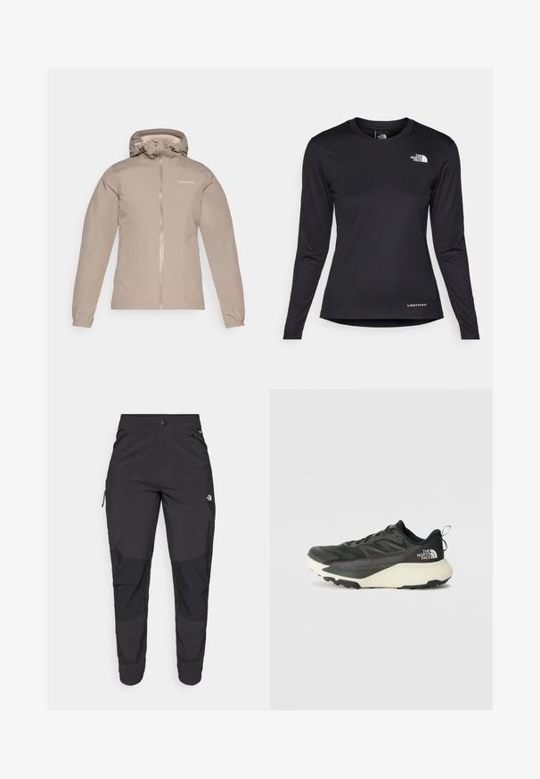 Beige wasserdichte Jacke mit einem Reißverschluss vorne, verstellbarer Kapuze, elastischen Bündchen und dem Markenlogo auf der oberen linken Seite. Glatte Oberfläche.; The North Face SHADOW LONG SLEEVE - Langarmshirt - black; Schwarze Outdoor-Hosen aus strapazierfähigem Material. Verfügen über Reißverschlusstaschen, verstärkte Knieeinsätze und ein gerades Design für Beweglichkeit.; Schwarzer Sportschuh mit strukturiertem Obermaterial, ausgestattet mit grauen Akzenten und einer weißen Zwischensohle. Enthält eine Zuglasche und ein markantes Markenlogo an der Ferse.