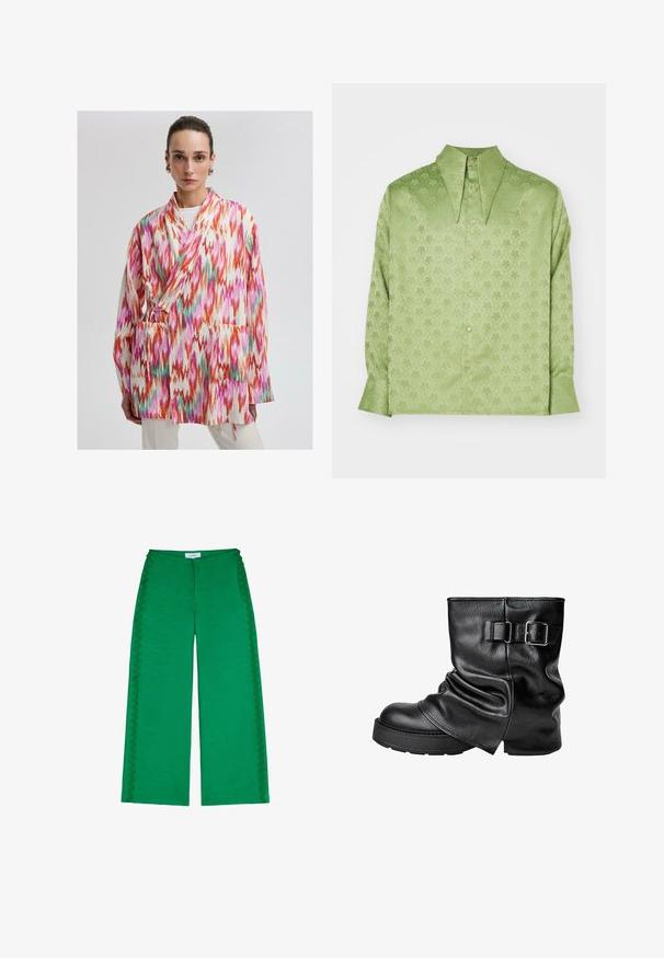 Barevná, vzorovaná kimono bunda z lehkého materiálu, zdobená oranžovými, růžovými a zelenými cik-cak vzory. Obsahuje boční kapsy a zavírání na šňůrku.; Sister Jane UNISEX - Košilová halenka - green; Zelené kalhoty s širokými nohavicemi vyrobené z texturované tkaniny, zdobené vykrojenými detaily podél bočních švů a uvolněným střihem.; Černé kožené kotníkové boty s volným designem, čtveratou špičkou a bočním přezkovým akcentem. Silná podrážka poskytuje větší výšku a stabilitu.