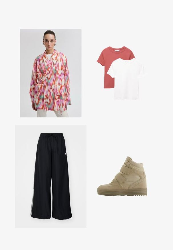 Barevná, vzorovaná kimono bunda z lehkého materiálu, zdobená oranžovými, růžovými a zelenými cik-cak vzory. Obsahuje boční kapsy a zavírání na šňůrku.; Dvě trička s krátkým rukávem; jedno v terakotové barvě s kulatým výstřihem a druhé v bílé barvě. Obě jsou vyrobeny z jemného bavlněného materiálu.; Černé kalhoty s širokým střihem vyrobené z lehkého materiálu. Mají elastický pas se stahovací šňůrkou a bílé postranní pruhy. Na bocích se nachází logo značky.; Béžové vysoké tenisky s designem z jemné kůže a síťoviny, nastavitelné suché zipy a silná gumová podrážka se vzorem v zig-zag.