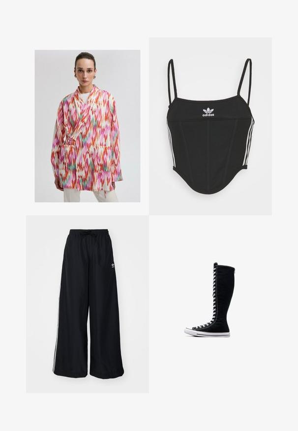 Farverig, mønstret kimono-jakke i let materiale, med orange, pink og grønne zigzag-designs. Inkluderer sidelommer og en båndlukning.; Sort ribbet crop top med justerbare tynde stropper, der har tre hvide striber på siderne og et lille hvidt Adidas-logo i midten.; Sorte vide bukser lavet af letvægtsstof. Har en elastisk talje med snøre og hvide sidelister. Brandlogo på hoften.; Sorte høje sneakers med et højt design, lavet af kanvas. Har hvide snørebånd, syninger og en gummisål med en tåhætte.