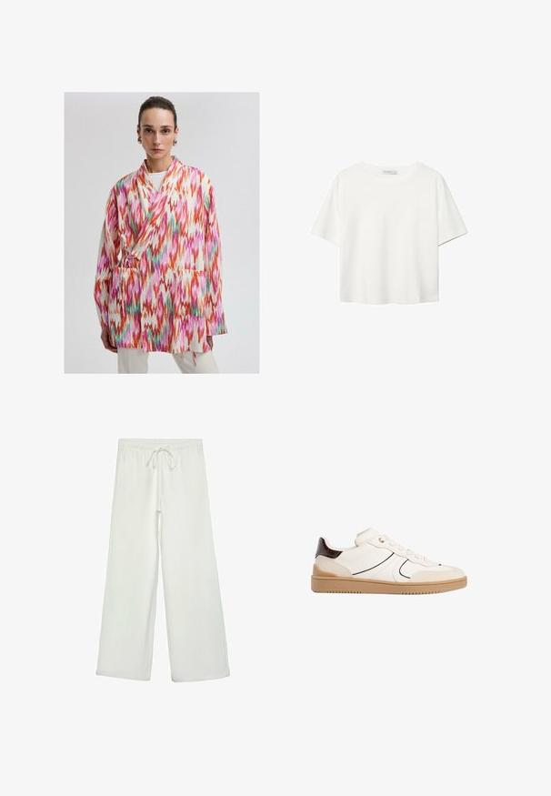 Farebný, vzorovaný kimono kabát z ľahkej tkaniny, so zubatými dizajnmi v oranžovej, ružovej a zelenej farbe. Obsahuje bočné vrecká a viazanie.; Biela krátkopsová tričko vyrobené z bavlny. Má okrúhly výstrih a voľný strih. Hladká textúra bez viditeľných vzorov alebo akcentov.; Biele nohavice s širokými nohavicami vyrobené z mäkkej tkaniny. Majú elastický pás s šnúrkou a hladký povrch. Žiadne viditeľné vzory ani kovania.; Stradivarius Tenisky - white