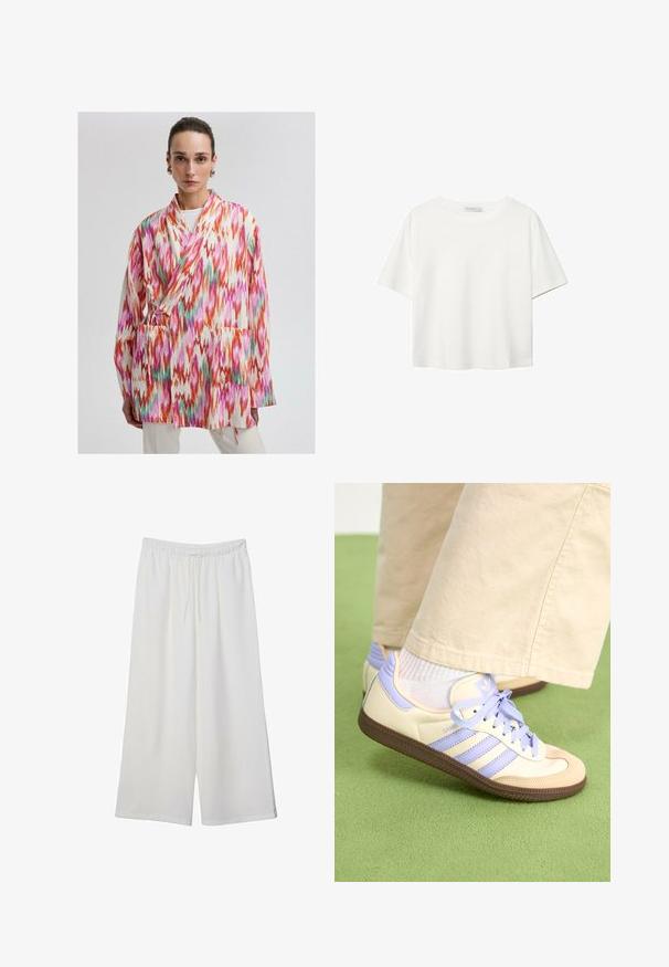 Farverig, mønstret kimono-jakke i let materiale, med orange, pink og grønne zigzag-designs. Inkluderer sidelommer og en båndlukning.; Hvid kortærmet t-shirt lavet af bomuld. Har en rund halsudskæring og en afslappet pasform. Glat tekstur uden synlige mønstre eller detaljer.; Hvide vidde bukser lavet af letvægtsstof, med en elastisk talje og snøre for justerbar pasform. Glat tekstur.; Creme og lavendel sneakers med tre striber og en tekstureret brun sål, der har snørebånd og en polstret hæl. Blødt stof øvre.