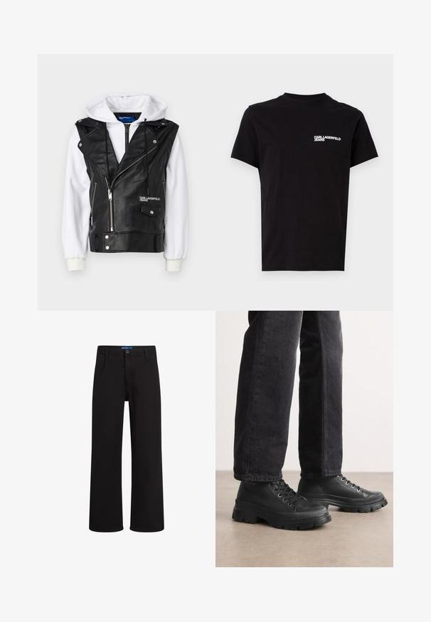 Chaleco de piel sintética negra con mangas de sudadera blanca, cierre delantero con cremallera y bolsillos. Cuenta con un cuello puntiagudo y detalles de logo en el pecho.; Camiseta negra de algodón, con cuello redondo y mangas cortas. Texto del logo en blanco destacado en el área del lado izquierdo del pecho. Diseño simple.; Pantalones rectos negros con cierre de botón y cremallera, presillas para cinturón y bolsillos laterales, exhibidos sobre fondo blanco.; Zapatillas negras con cordones, con una suela gruesa y texturizada y una parte superior lisa. Presentan ojales de metal y un acento estriado alrededor de la puntera.