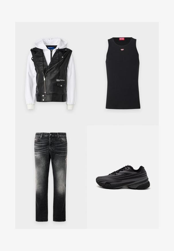 Czarna kamizelka z sztucznej skóry z białymi rękawami od bluzy z kapturem, zapinana na zamek z przodu i z kieszeniami. Posiada szpiczasty kołnierz i detal z logo na klatce piersiowej.; Czarny top na ramiączkach wykonany z gładkiego materiału, z okrągłym dekoltem, otworami na ramiona i małym czerwonym logo na piersi. Prosty design, bez rękawów.; Czarne dżinsy z wypłowiałym wykończeniem i przetarciami, standardowy pięciokieszeniowy fason oraz zamek błyskawiczny. Wykonane z materiału dżinsowego.; Czarna biegowa obuwie z teksturowaną cholewką z szarymi paskami. Gruba podeszwa dla amortyzacji, okrągły czubek i płaskie sznurowadła zapewniające pewne dopasowanie.