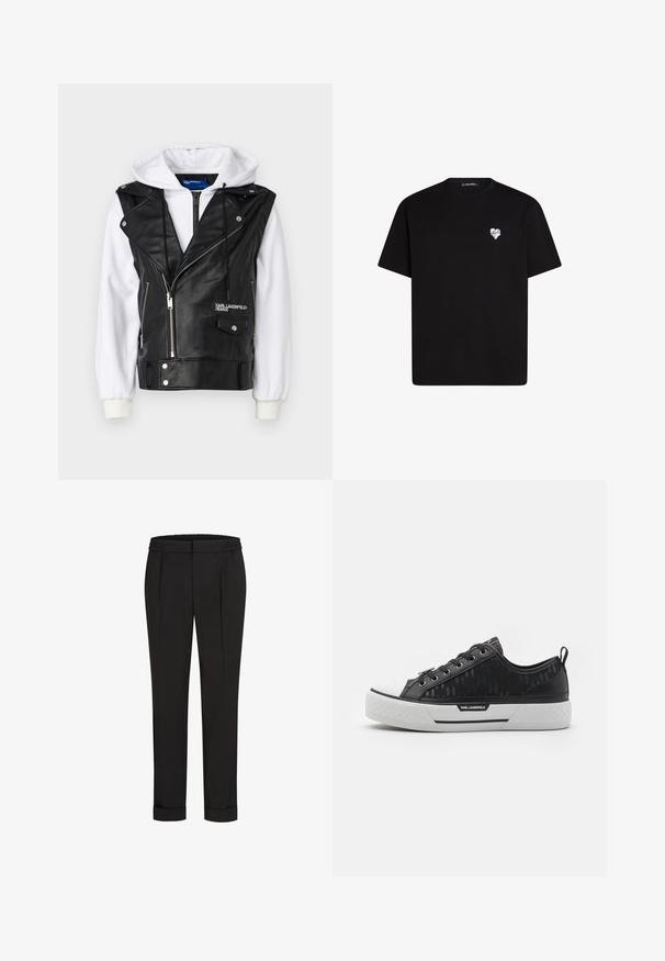 Juodas dirbtinės odos liemens švarkas su baltais gobtuvais, užtrauktuku priekyje ir kišenėmis. Yra smailas apykaklė ir logotipas ant krūtinės.; Juodas medvilninis marškinėliai su trumpomis rankovėmis, apvaliu iškirpimu ir mažos baltos širdelės grafika kairėje krūtinės pusėje.; Juodi kelnių su elastinga juosmena, tiesaus kirpimo ir sukurtomis rankovėmis. Pagaminti iš lygaus, audinio be raštų.; Juodas žemas sportinis batelis su raštuota kanapių viršumi, baltu guminiu nosies dangteliu, tekstūruotu padu ir logotipo akcentu šone. Metaliniai aklai raištams.