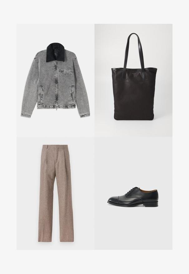 Chaqueta de mezclilla gris con un collar de pana negro, cierre de cremallera, un bolsillo en el pecho y dos bolsillos laterales. Tejido texturizado con un ligero desgaste.; Camisa blanca de manga larga y botonadura frontal, hecha de algodón, con un bolsillo en el pecho con bordado tonal, cuello y puños con botones.; Pantalones marrones de cintura alta hechos de una tela texturizada. Presentan piernas anchas y dos pliegues frontales para dar estructura. Acabado limpio sin hardware visible.; Zapato de vestir de piel negra con un acabado suave, punta redondeada, cinco ojales para los cordones y tacón bajo en bloque. Diseño minimalista con costuras sutiles.; Bolsa tote de lona negra con asas de cuero negro. Diseño sencillo, cuerpo espacioso y textura suave. Sin logos ni patrones visibles.