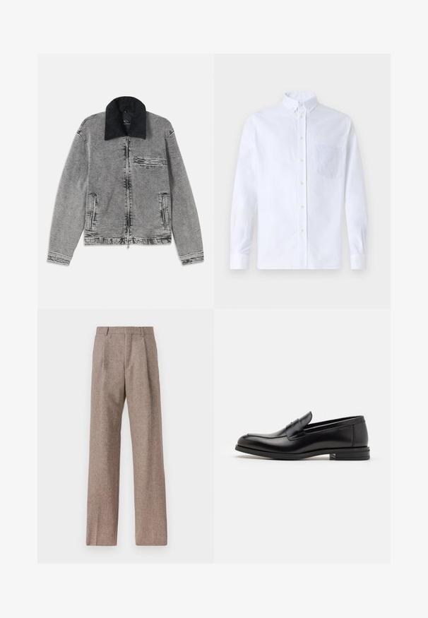 Szürke farmerdzseki fekete kordbársony gallérral, cipzáras záródással, egy mellzsebbel és két oldalzsebbel. Díszes anyag finom kopással.; Fehér, hosszú ujjú, gombos ing pamutból, mellzsebbel, tónusos hímzéssel, gallérral és gombos mandzsettával.; Barna, magas derekú nadrág texturált anyagból. Széles szárai és két elülső redője biztosítja a struktúrát. Ízléses kivitel, látható fémszerelés nélkül.; Fekete bőr loaferek sima textúrával, kerek orral és dekoratív pánttal a vampnál. Alacsony, rétegelt sarkú, minimalista dizájn.