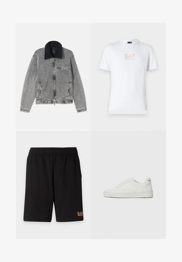 Szürke farmerdzseki fekete kordbársony gallérral, cipzáras záródással, egy mellzsebbel és két oldalzsebbel. Díszes anyag finom kopással.; Fehér pamut póló, kerek nyakkivágással és rövid ujjakkal, az elején arany EA7 Emporio Armani logóval nyomtatva.; Fekete sportnadrág puha anyagból, rugalmas derékkal és egy kis sárga EA7 logóval a bal alsó lábszáron.; Fehér bőr sportcipő sima felülettel, kerek orral, lapos fűzőkkel és texturált talppal. Finom logó található a sarokon.