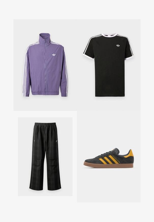 Purple zip-up jacket with high collar, white three-stripe accents on sleeves, and small white logo on the left chest. Polyester material.; Black t-shirt made of cotton with white accents. Features short sleeves, raglan design, and a small logo on the chest. Three white stripes on shoulders.; Black plaid pants featuring an elastic waistband, two front pockets, and a loose fit with a straight leg design. Made from lightweight material.; Black suede sneaker with yellow accents, featuring three stripes and a brown rubber sole. Includes a padded tongue for comfort.