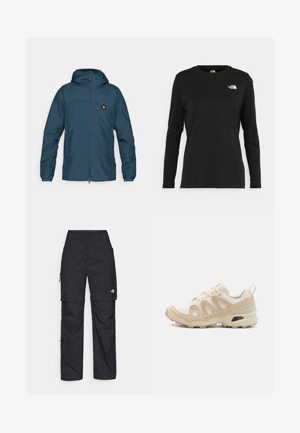 Mėlynas, lengvas chalatas su gaubtu. Yra užtrauktuko priekyje ir kišenėje, elastingi rankogaliai, ir logotipo pleistras viršutinėje kairėje.; Juodas ilgomis rankovėmis medvilninis marškinėliai su apvali apykakle. Savybė - mažas baltas logotipas kairėje krūtinės pusėje. Paprastas dizainas ir pritaikymas.; Juodos nailoninės krovinių kelnės su reguliuojamais rankovėmis, daugybe kišenių ir logo ant dešinės kojos. Lygi, lengva tekstūra.; Bežinės ir kreminės spalvos sportinės bateliai su tekstūruoto tinklelio viršutine dalimi, palaikančiomis detalėmis ir guminiais padais, turinčiais raštą, užtikrinantį sukibimą.