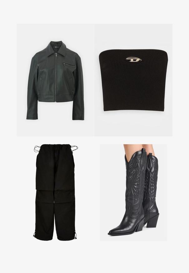 Melna ādas jaka ar apkakles kaklu, priekšējo rāvējslēdzēju un sānu kabatu. Tai ir eleganta, īsāka forma un gluda virsma.; Melna ribota bezpiedurkņu topiņa ar izteiktu ovālu sudraba logo detaļu centrā. Gluda tekstūra un pieguļoša konstrukcija.; Melnas bikses no viegla auduma, ar regulējamu jostasvietu un auklu apakšmalās. Izstrādātas ar brīvu, pārmēru piegriezumu un vairākām kabatām.; Melnas ādas kovboju zābaki ar sarežģītiem iebakstītiem rakstiem, norādītiem pirkstiem un masīviem papēžiem. Iekļauj izšūtus akcentus un vilkšanas cilpas.