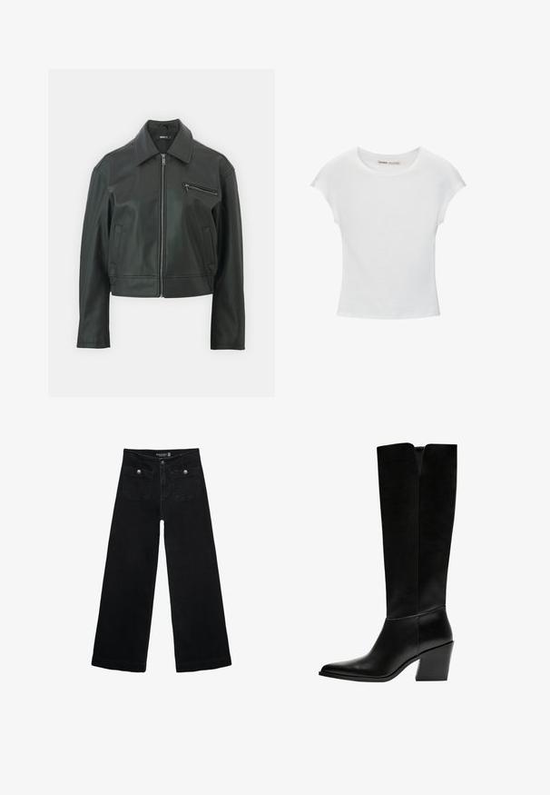 Črna usnjena jakna z ovratnikom, sprednjim zadrgo in stranskim žepom. Ima eleganten, skrajšan dizajn in gladko teksturo.; Bela bombažna majica s krožnim izrezom, kratkimi rokavi in prilegajočim se dizajnom. Gladka tekstura brez vzorcev ali okraskov.; Črne široke kavbojke z visokim pasom, ki imajo dva sprednja žepa in kovinske gumbi. Tkanina ima gladko teksturo.; Črne gležnjarje do kolen iz gladkega usnja, z ostrim nosom, blokinim peto in V-oblikovanim izrezom na vrhu.