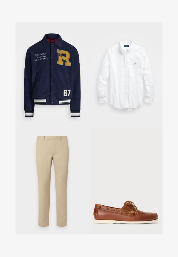 Polo Ralph Lauren Fleecejacka - cruise navy; Vit långärmad skjorta i bomull med knappar. Har en klassisk krage, knappmanchetter och en liten broderad logotyp i marinblått på bröstet.; Beige bomullsbukser med rak skärning, utrustade med bälteshällor, flat framsida och skräddarsydda fållar. Slät textur och minimal detaljer.; Bruna läderskon för båt, med snörning, gyllene ögla och krämfärgad gummisula. Utformad med ett upphöjt sömnads-mönster på tån.