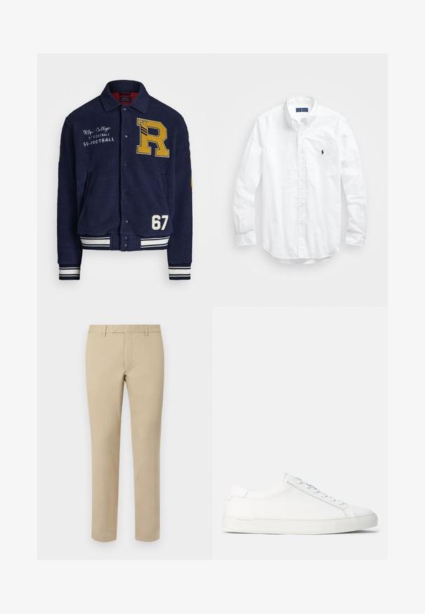 Polo Ralph Lauren Fliisjakk - cruise navy; Valge pikkade varrukatega kotitõmblusega särk puuvillast. Omab klassikalist kraed, nööpidega mansette ja väikest tumesinist tikandit rinnal.; Beezikadest puuvillased püksid sirge lõikega, millel on vöörihmade aukud, lapitekinne ja kohandatud äärised. Sile tekstuur ja minimaalne detailide jagamine.; Valged nahast tennisekotid sujuva tekstuuri, ümar kuju, lamedad kummitaldad ja valged nöörid. Omab minimalismi ning peent brändimist.