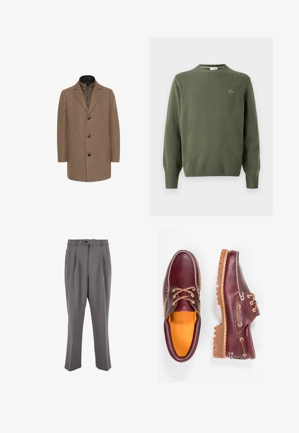 Matinique TRACE szary; Zielona oliwkowa sweter z dzianiny z okrągłym dekoltem, prążkowanymi mankietami i dołem oraz małym haftowanym logo na lewej piersi.; Szare plisowane spodnie wykonane z gładkiego materiału, o prostym kroju, z pojedynczym zapięciem na guzik i szlufkami na pasek. Minimalistyczny design.; Bordowe skórzane buty z brązowymi gumowymi podeszwami, okrągły czubek, białe przeszycia i złote oczka. Wnętrze posiada żółtą podszewkę.