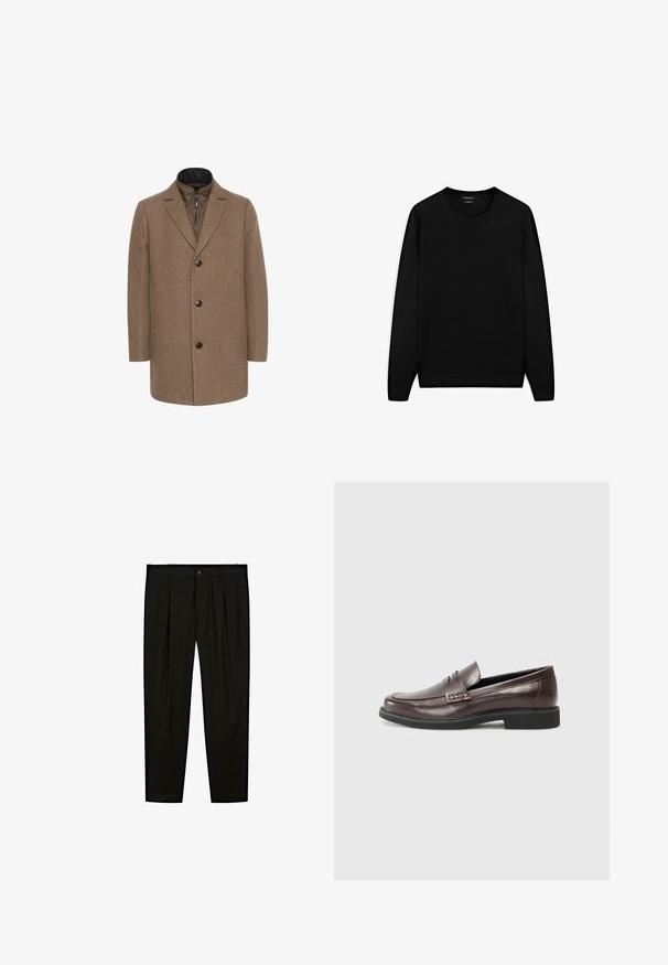 Matinique TRACE - Kurzmantel - walnut; Schwarzer Langarmpullover mit rundem Ausschnitt. Hergestellt aus weichem Stoff, mit klassischer Passform und gerippten Bündchen und Saum. Keine Muster oder Akzente.; Schwarze maßgeschneiderte Hose aus glattem Stoff. Zu den Merkmalen gehören eine flache Vorderseite, weite Beine und ein Knopfverschluss am Taillenbund.; Braune Leder Slipper mit glatter Oberfläche, die über ein dezentes gestepptes Detail im Obermaterial und eine schwarze Gummisohle verfügen.