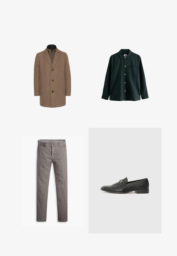 Matinique TRACE - Abrigo corto - walnut; Camisa de botón de color verde oscuro con cuello, mangas largas y un bolsillo en el pecho; cuenta con botones blancos y una textura suave.; Chinos grises con una textura suave, diseño de pierna recta, estilo estándar de cinco bolsillos y un botón de metal en la cintura.; Mocasín de cuero negro con un acabado suave, que cuenta con un diseño de costura y un acento decorativo de cadena de metal en el empeine. Tacón plano.