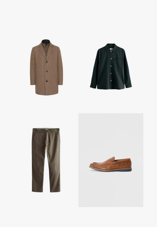 Matinique TRACE - Puspaltis - walnut; Tamsiai žalia marškinėliai su apykakle, ilgomis rankovėmis ir viena krūtinės kišene; turi baltus mygtukus ir švelnų tekstūrą.; Rudos medvilnės chinos kelnės su tiesiomis kojomis, priekinėmis kišenėmis ir mygtukų uždarymu. Išsiskiria lygiu paviršiumi ir tvarkingais linijomis.; Rudoni odiniai loaf'eriai su apvalia nosimi, siuvinėtomis detalėmis ir žema guminėmis pakulne. Dizainas turi juostą per viršutinę dalį.