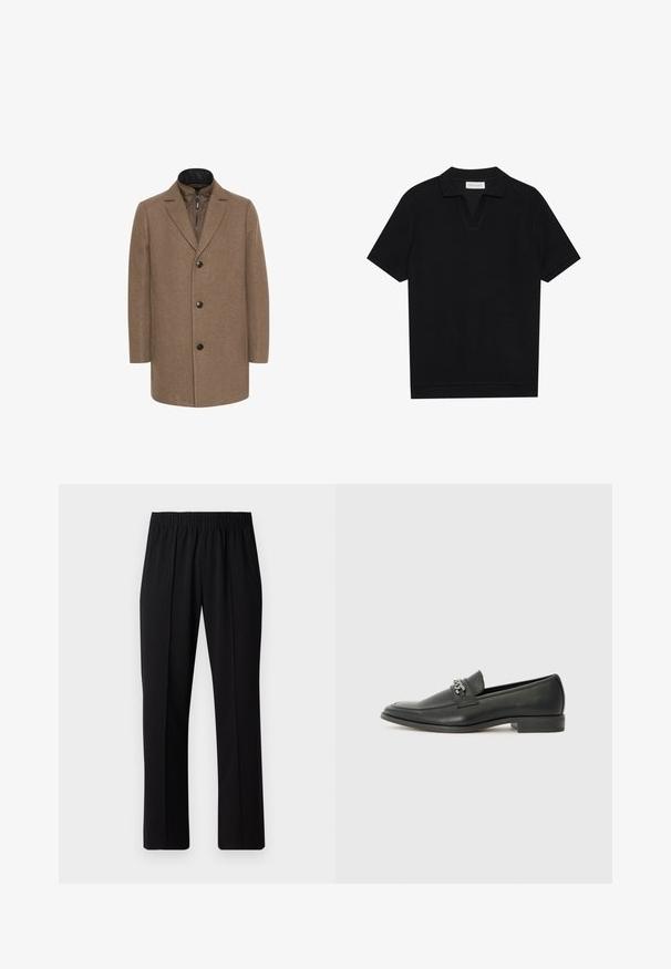 Matinique TRACE - Short coat - walnut; Black short-sleeve polo shirt with a textured, ribbed fabric, featuring a v-neckline and a straight hem. No visible logos or patterns.; Black, elastic-waist trousers with a straight-leg design, featuring a smooth texture and no visible patterns or hardware.; Black leather loafer with a smooth finish, featuring a stitched design and a decorative metal chain accent across the vamp. Flat heel.