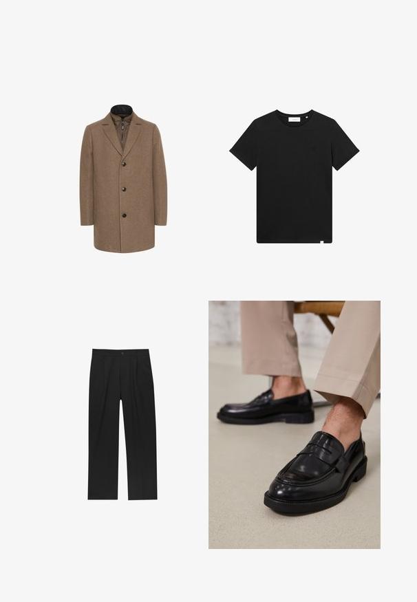 Matinique TRACE - Kurzmantel - walnut; Schwarzes T-Shirt mit kurzen Ärmeln aus Baumwolle, mit Rundhalsausschnitt und einem kleinen, auf der Brust gestickten Logo. Glatte Textur, normale Passform.; Schwarze Hose mit geradem Schnitt, aus einem glatten Stoff gefertigt. Verfügt über Vorderfalten und einen einzelnen Knopfverschluss an der Taille.; Schwarze Lederloafers mit glatter Oberfläche, ausgestattet mit einem dekorativen Riemen und Kontrastnähten, kombiniert mit beigen Hosen.