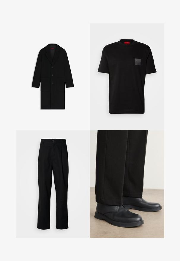 Sort uldfrakke med krave, tre frontknapper, to store lommer og en let A-formet silhuet.; Sort bomulds T-shirt med rund hals, prydet med en struktureret sort lap med logo på venstre bryst. Korte ærmer og afslappet pasform.; Sorte lige ben bukser med en knaplukket talje, bæltestropper og en frontfold, præsenteret mod en ensfarvet hvid baggrund.; Sorte lædersko med rund tå, flad sål og minimal udsmykning. Sammen med skræddersyede sorte bukser, der viser en glat tekstur.