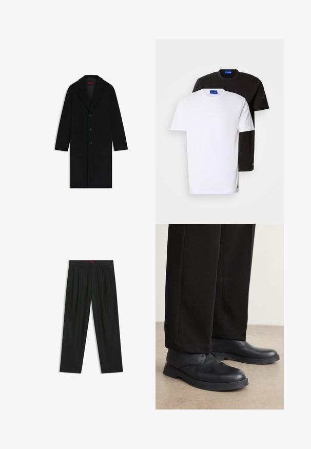 Schwarzer Wollmantel mit Reverskragen, drei vorderen Knöpfen, zwei großen Taschen und einer leichten A-Linie-Silhouette.; Zwei übereinander gestapelte T-Shirts: eines weiß und eines schwarz. Kurze Ärmel, runde Ausschnitte, aus Baumwollstoff. Mit einem kleinen blauen Logo am Ausschnitt.; Schwarze Hose mit einem gefältelten Design, weiter Beinform und glatter Textur. Verfügt über ein rotes Taillenlabel.; Schwarze Lederschuhe mit abgerundeter Zehe, flacher Sohle und minimalem Design. Kombiniert mit maßgeschneiderten schwarzen Hosen, die eine glatte Textur zeigen.