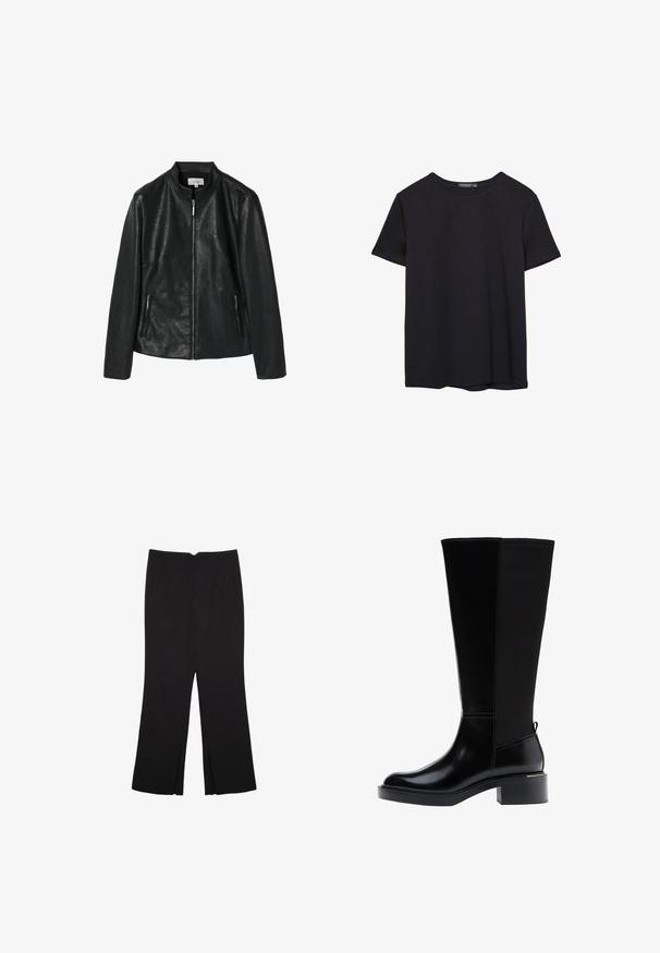 Čierna umelá kožená bunda s okrúhlym golierom, predným zipsom a dvoma bočnými vreckami na zips. Hladká textúra, štruktúrovaný dizajn, bez viditeľných vzorov.; Jednoduché čierne bavlnené tričko s krátkym rukávom a okrúhlym výstrihom, umiestnené na bielom pozadí.; Čierne nohavice so strihom rovného strihu, s prednými vreckami a bočnými rozparkami na leme. Vyrobené z mäkkej, hladkej tkaniny. Vhodné na rôzne príležitosti.; Čierna čižma po kolená s hladkým koženým povrchom, výrazným šitím, masívnym podpätkom a textúrovaným zadným panelom pre väčší záujem.