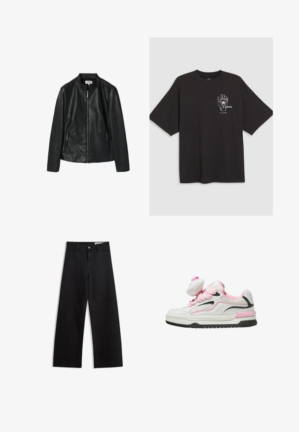 Crna lažna kožna jakna s okruglim ovratnikom, prednjim patentnim zatvaračem i dva bočna džepa sa zatvaračem. Glatka tekstura, strukturirani dizajn, bez vidljivih uzoraka.; Crna pamučna majica s kratkim rukavima, sa grafikom ruke i tekstom "Levi's LA LUNE" u bijelom na lijevoj strani prsnog dijela.; Crne široke traperice s visokim strukom, s prednjim i stražnjim džepovima, šivenim šavovima i kopčanjem na gumb. Glatka tekstura.; Bijele i ružičaste tenisice s mrežastim gornjim dijelom, podstavljenim jezikom i crnim detaljima. Debeli gumeni potplat s teksturiranim uzorkom za bolje prianjanje.