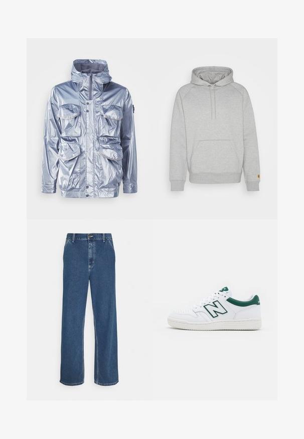 Ezüst vízálló dzseki cipzárral, állítható kapucnival és négy elülső zsebbel. Fényes felületű és patentos záródású.; Szürke kapucnis pulóver kenguruzsebbel, bordázott mandzsettákkal és hem-nel, bal ujján logó folttal. Puha szövet tapintás.; Kék farmernadrág egyenes szabással, öt zsebes dizájnnal, fém gombos záródással, és látható varrással a varrásoknál és a szegésnél.; Fehér sportcipő zöld kiegészítőkkel, bőr felsőrész, perforált orr, fűzős záródás és textúrált gumitalp. Kiemelkedő "N" logóval rendelkezik.