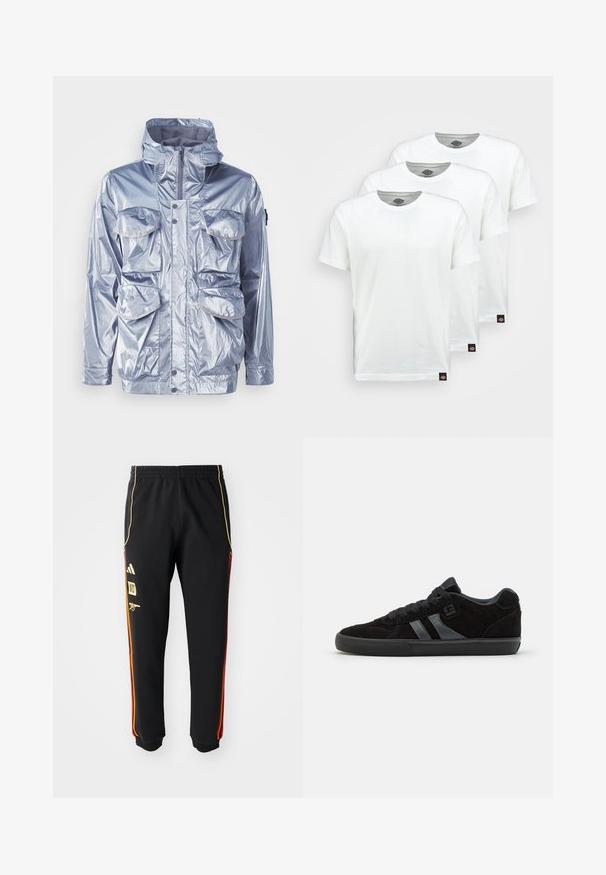 Zilveren waterdichte jas met ritssluiting, verstelbare capuchon en vier voorzakken. Beschikt over een glanzende textuur en drukknoopsluitingen.; Drie eenvoudige witte katoenen T-shirts met korte mouwen. Elk shirt heeft een ronde halslijn en een klein zwart logo-label aan de linkerkant.; Zwarte sportbroek met elastische taille, gouden en rode zijstrepen, en gele logo's op de linker bovenbeen.; Zwarte suède skate schoenen met donkere rubberen zolen, voorzien van grijze zijstripes en bijpassende veters, ontworpen voor comfort en duurzaamheid.