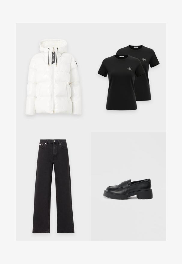 Casaco acolchoado branco com acabamento brilhante, capuz destacável, fecho éclair e cordões pretos. Apresenta etiqueta de marca e seções almofadadas.; Duas t-shirts pretas de manga curta com decote redondo e pequenos logotipos cinzentos "CK Calvin Klein" no lado esquerdo do peito, apresentadas num fundo branco.; Jeans de perna larga pretos feitos de denim, apresentando uma cintura alta, estilo de cinco bolsos e um fecho em botão de metal com costura contrastante.; Mocassins de couro preto com um acabamento texturizado, apresentando uma faixa retangular na parte superior e um design de sola robusta e dentada.