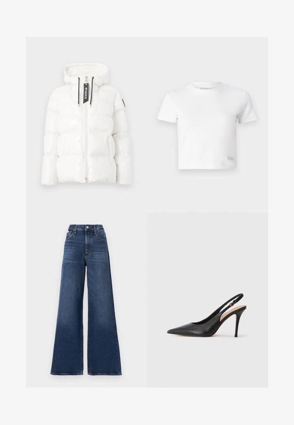 Doudoune blanche à finition brillante, capuche amovible, fermeture éclair et cordons noirs. Comprend une étiquette de marque et des sections rembourrées.; T-shirt blanc court en coton lisse, avec un col haut et des manches courtes. Petit logo brodé dans le coin inférieur.; Jean taille haute, coupe large en denim bleu foncé, avec fermeture à bouton, cinq poches et un léger délavage sur les cuisses.; Escarpin à talon haut en cuir noir avec un bout pointu, une texture lisse et une délicate bride avec une boucle métallique.