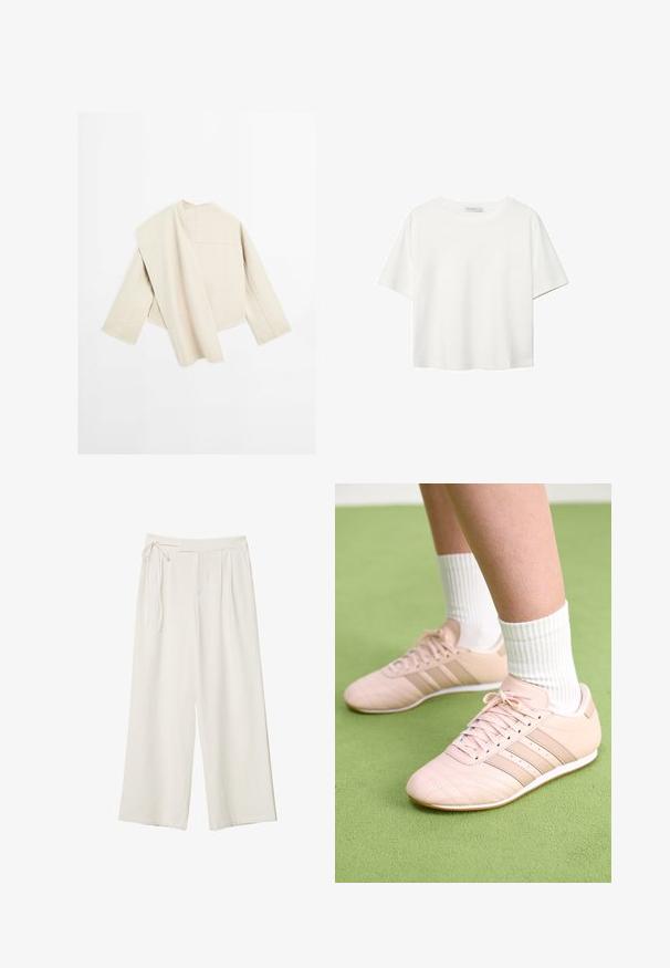 Beige tekstureret jakke med løs pasform, der har et enkelt panel hængende over den ene skulder og brede ærmer, minimale sømme og ingen lukninger.; Hvid kortærmet t-shirt lavet af bomuld. Har en rund halsudskæring og en afslappet pasform. Glat tekstur uden synlige mønstre eller detaljer.; Vide ben bukser i off-white stof med en glat tekstur. Har en bundet talje og plisseret front, designet til en afslappet pasform.; Lyselyserøde træningssko med diagonal syning, hvide såler og tre sidelægstriber. Båret med ribbede hvide sokker på en grøn overflade.