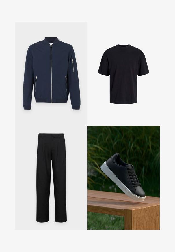 Chaqueta bomber azul marina con cremalleras frontales, bolsillos con cremallera en los lados, bolsillo con cremallera en la manga izquierda, puños y cuello acanalados.; Camiseta de algodón negra con cuello redondo, mangas cortas y un ajuste relajado. Textura suave y sin patrones ni acentos visibles.; Pantalones negros de tela suave, con un diseño de pierna recta, dos pliegues frontales y una cintura estándar con trabillas para el cinturón.; Zapatilla negra de cuero con una textura suave, suela de goma blanca y seis ojetes para cordones, exhibida sobre una superficie de madera.