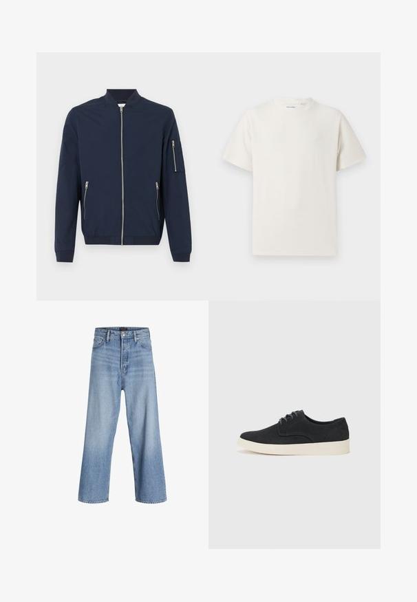 Marineblauwe bomberjack met rits aan de voorkant, ritszakken aan de zijkanten, ritszak op de linker mouw, ribgebreide manchetten en kraag.; Witte korte mouwen T-shirt met ribbelstructuur. Ronde hals, ontspannen pasvorm, geen zichtbare patronen of accenten. Eenvoudig en veelzijdig ontwerp.; Lichtblauwe denim wijdvallende jeans met een hoge taille, voorzien van een knoopsluiting, vijf pockets en subtiele vervaging. Schoon afgewerkte zoom.; Zwarte suède veterschoenen met een ronde neus, een lichte roomkleurige zool en subtiele blauwe stikselaccenten op het bovenwerk.