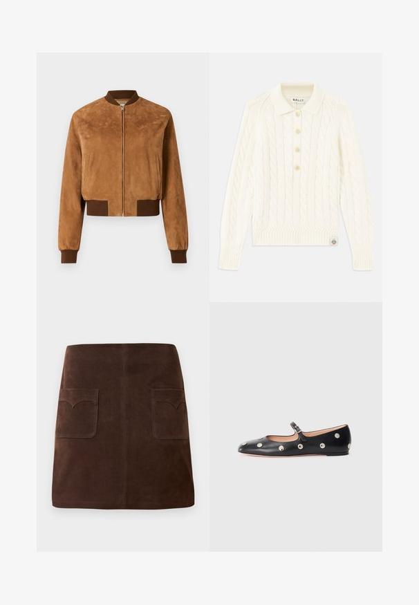 Kappet, brun suedebomberjakke med frontlynlås, ribbet brune manchetter og sidelommer, som har en glat tekstur.; Cremefarvet kabelstrikket sweater med kravehals, fire knapper, ribbede manchetter og et lille logo-patch ved kanten.; Mørkebrun ruskindnederdel med en klassisk A-formet silhuet, to forreste lommer med rundede klapper og subtile syninger.; Sorte læder Mary Jane flad sko med en rund tå, udstyret med sølvfarvede runde nitter og en justerbar rem med spænde.