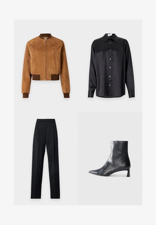 Kappet, brun suedebomberjakke med frontlynlås, ribbet brune manchetter og sidelommer, som har en glat tekstur.; Sort langærmet skjorte med krave, der har en krøllet tekstur, fuld knaplukning foran og manchetter. Lavet af et glat stof.; Sorte bukser lavet af glat stof, der har høj talje, brede ben, frontfolder og klassiske bælteløkker. Ingen synlige sidelommer.; Sort læder ankelstøvle med spids tå og et strømlinet design. Har en lav hæl og en lynlås lukning bagpå. Glat tekstur.