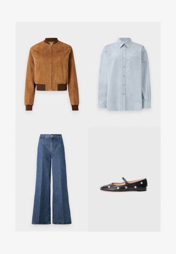 Jachetă bomber din suede maro, croită, cu fermoar pe față, manșete ribbate maro și buzunare laterale, având o textură netedă.; Cămașă albastru deschis cu mânecă lungă, cu guler ascuțit și buzunar pe piept, așezată pe un fundal alb.; Blugi din denim albastru, cu talie înaltă, cu picioare largi, având un stil clasic cu cinci buzunare și închidere cu buton, fabricați dintr-un material de bumbac texturat.; Pantofii Mary Jane din piele neagră, cu vârful rotund, decorati cu nasturi circulari argintii și o curea ajustabilă cu cataramă.