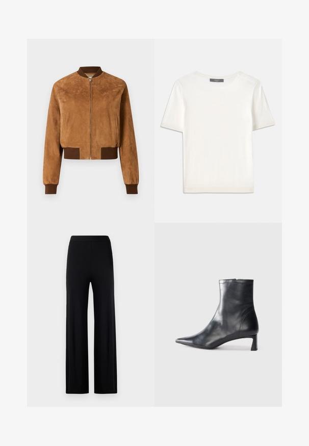 Skraćená hnedá semišová bomber bunda s predným zipsom, ribovanými hnedými manžetami a bočnými vreckami, s hladkou textúrou.; Biele krátke rukávy pletené tričko s okrúhlym výstrihom, ktoré má jemnú textúru a nenápadné rebrované detaily na rukávoch a leme.; Čierne nohavice s širokými nohavicami vyrobené z hladkej, elastickej tkaniny. Majú elastický pás a žiadne viditeľné zapínanie ani vrecká.; Čierne kožené členkové topánky s špicatou špičkou a elegantným dizajnom. Majú nízky podpätok a zips na zadnej strane. Hladká textúra.