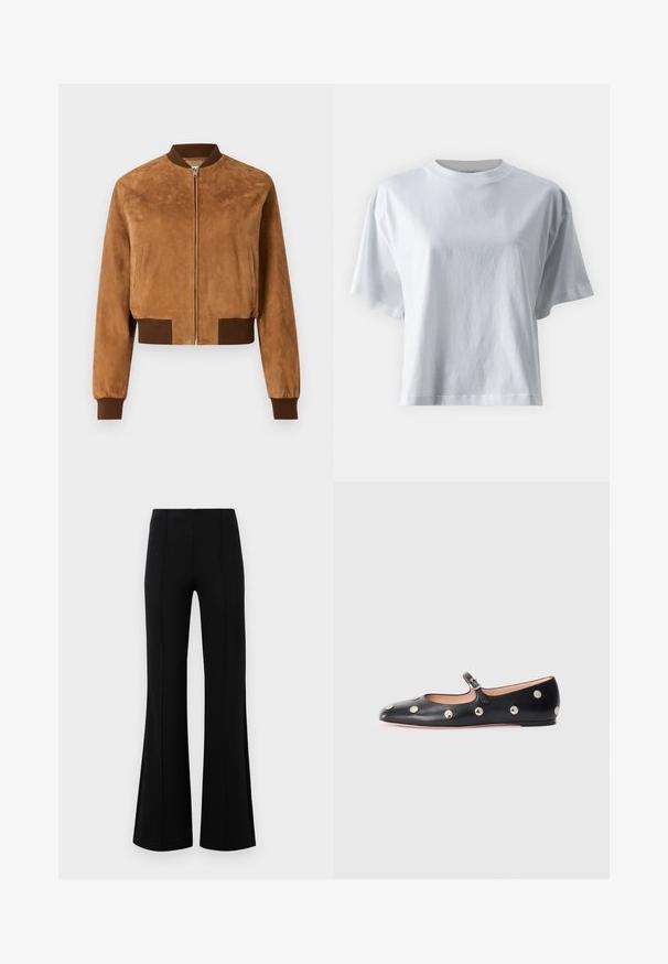 Giacca bomber in suede marrone, tagliata e con zip frontale, polsini a coste marroni e tasche laterali, caratterizzata da una texture liscia.; IVY OAK KYLA - T-shirt basic - bright white; Pantaloni neri a zampa d'elefante con vita alta, realizzati in tessuto elastico. Presentano dettagli di cucitura verticale nella parte anteriore e una texture liscia.; Scarpa flat nera in pelle tipo Mary Jane con punta arrotondata, caratterizzata da borchie circolari argentate e una fascia regolabile con fibbia.
