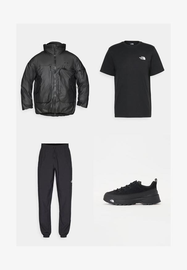 Jaqueta preta isolada com um colarinho alto, fecho frontal por zip e múltiplos bolsos com fecho zip. Feita de tecido liso e brilhante com um corte solto.; T-shirt de algodão preto com mangas curtas, decote redondo e um pequeno logótipo branco no lado esquerdo do peito. Design simples, textura suave e corte relaxado.; Calças atléticas pretas feitas de tecido leve, com um cós ajustável por cordão, bolsos laterais e punhos afunilados nos tornozelos.; Sapatilha de exterior preta com parte superior em camurça, sola de borracha texturizada e sistema de atacadores robusto. Apresenta um calcanhar reforçado e o logótipo da marca na lateral.